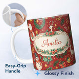 Personalized Custom Name Winter Holiday Snowman Reindeer Wreath Seamless Pattern Lovely 11oz Ceramic Coffee Tea Mug White Large Handle