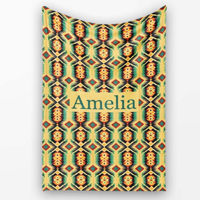 Southwest Inspired Pattern in Green Yellow and Red Seamless Design  Personalised Custom Name Super Soft Fleece Blanket Bed Sofa Throw