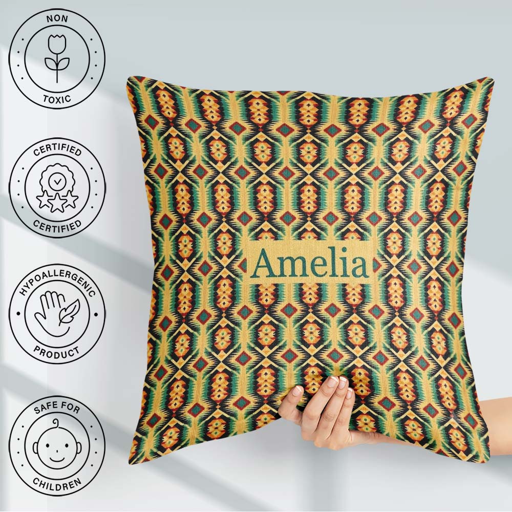 Custom Name Southwest Inspired Pattern in Green and Red Seamless Square Filled Cushion Throw Pillow Sofa Bed Home Decor Zip Washable UK Made