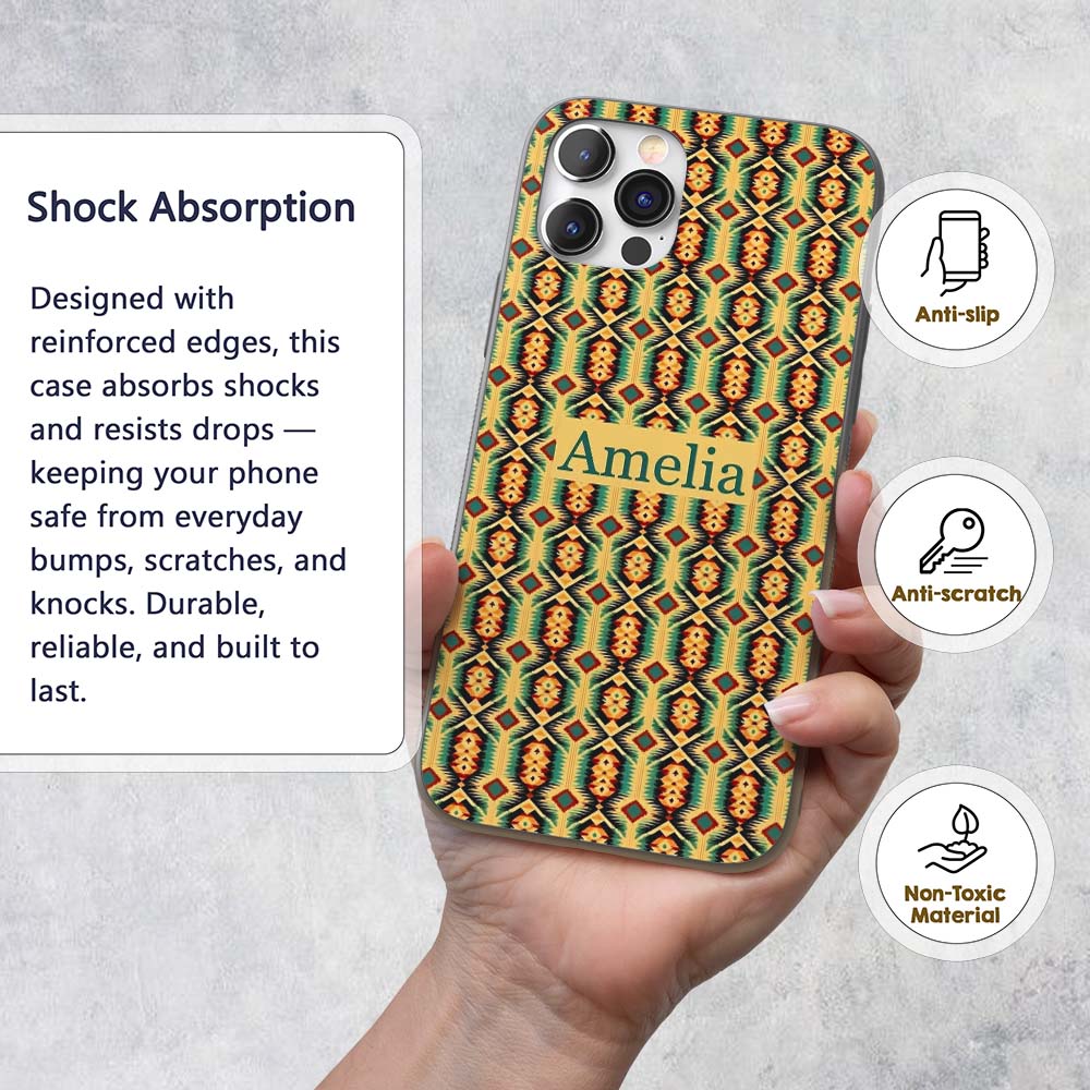 Southwest Inspired Pattern in Green Yellow and Custom Name Protective Phone Case Mobile Cover Durable Everyday Smartphone Shock Resistant