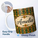 Personalized Custom Name Bold African Inspired Stripe Pattern in Green Yellow and Red 11oz Ceramic Coffee Tea Mug White Large Handle
