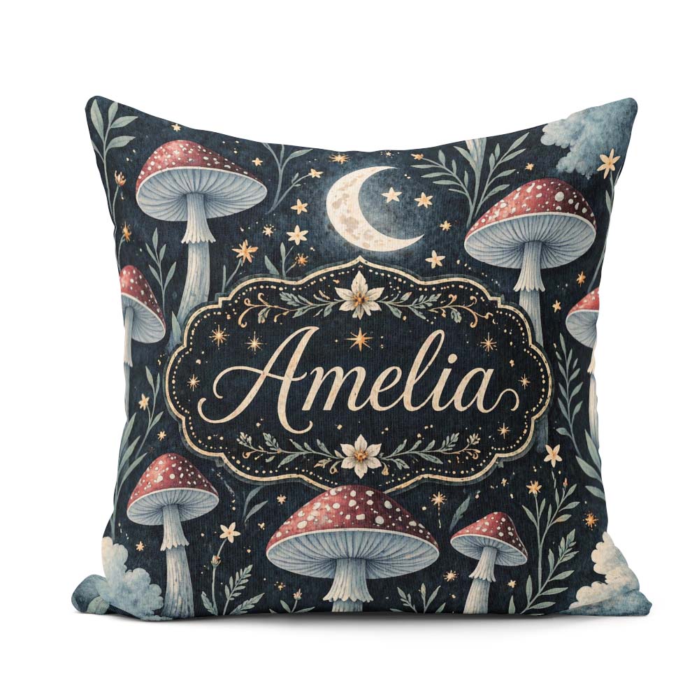Custom Name Magical Mushroom Crescent Moon Night Seamless Lovely Square Filled Cushion Throw Pillow Sofa Bed Home Decor Zip Washable UK Made
