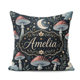 Custom Name Magical Mushroom Crescent Moon Night Seamless Lovely Square Filled Cushion Throw Pillow Sofa Bed Home Decor Zip Washable UK Made