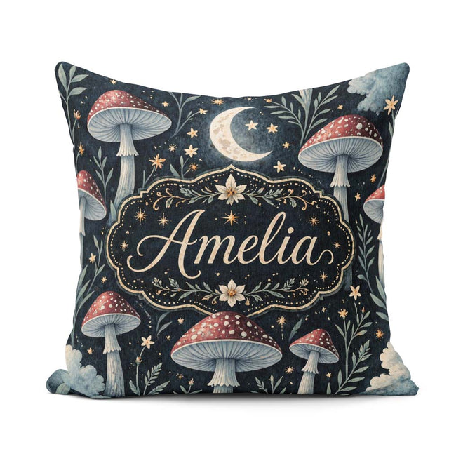 Custom Name Magical Mushroom Crescent Moon Night Seamless Lovely Square Filled Cushion Throw Pillow Sofa Bed Home Decor Zip Washable UK Made