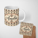 Personalized Custom Name Geometric Diamond Pattern in Beige Orange and Teal Seamless Name 11oz Ceramic Coffee Tea Mug White Large Handle