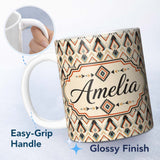 Personalized Custom Name Geometric Diamond Pattern in Beige Orange and Teal Seamless Name 11oz Ceramic Coffee Tea Mug White Large Handle