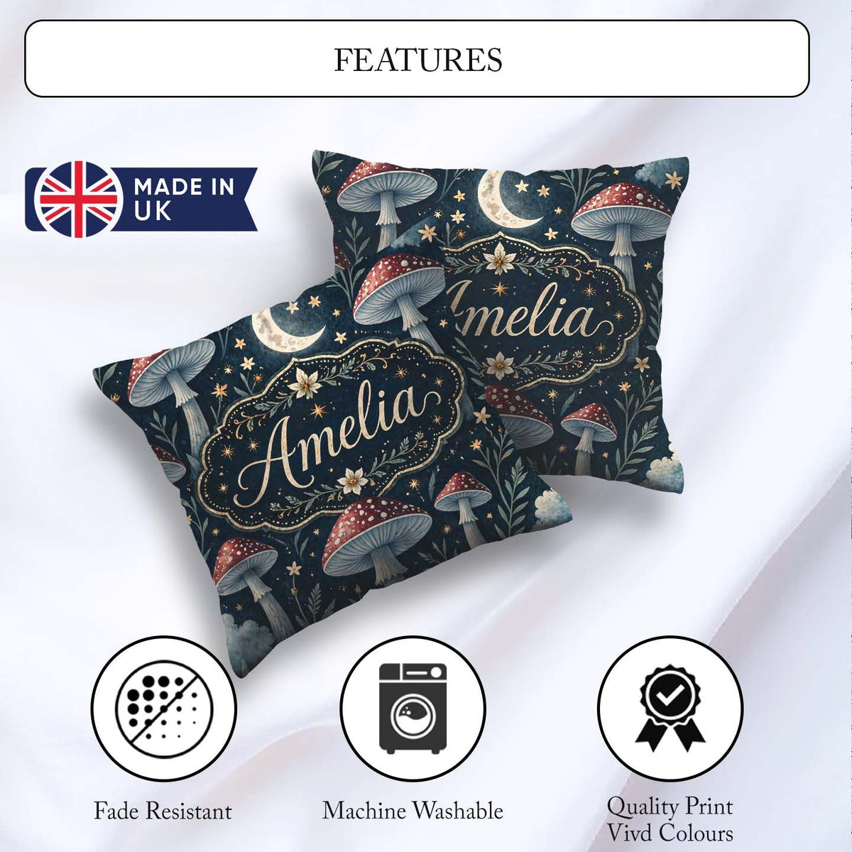 Custom Name Magical Mushroom Crescent Moon Night Seamless Lovely Square Filled Cushion Throw Pillow Sofa Bed Home Decor Zip Washable UK Made