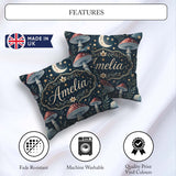 Custom Name Magical Mushroom Crescent Moon Night Seamless Lovely Square Filled Cushion Throw Pillow Sofa Bed Home Decor Zip Washable UK Made
