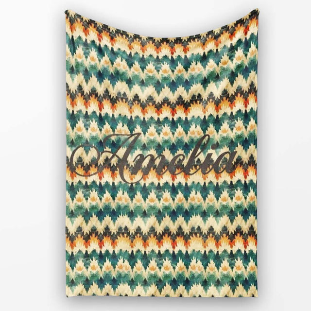 Abstract Watercolor Stripe Pattern in Teal Orange and Cream  Personalised Custom Name Super Soft Fleece Blanket Bed Sofa Throw