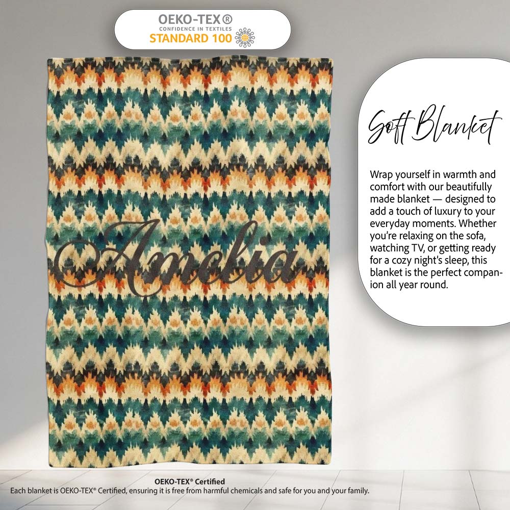 Abstract Watercolor Stripe Pattern in Teal Orange and Cream  Personalised Custom Name Super Soft Fleece Blanket Bed Sofa Throw