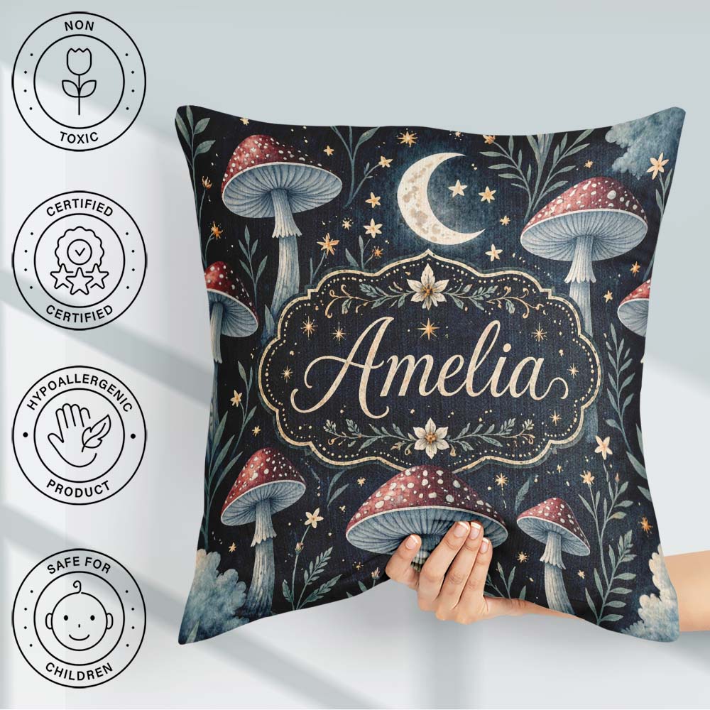 Custom Name Magical Mushroom Crescent Moon Night Seamless Lovely Square Filled Cushion Throw Pillow Sofa Bed Home Decor Zip Washable UK Made