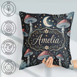 Custom Name Magical Mushroom Crescent Moon Night Seamless Lovely Square Filled Cushion Throw Pillow Sofa Bed Home Decor Zip Washable UK Made