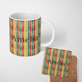 Personalized Custom Name Vintage Distressed Stripe Pattern in Red Yellow and Teal Seamless 11oz Ceramic Coffee Tea Mug White Large Handle