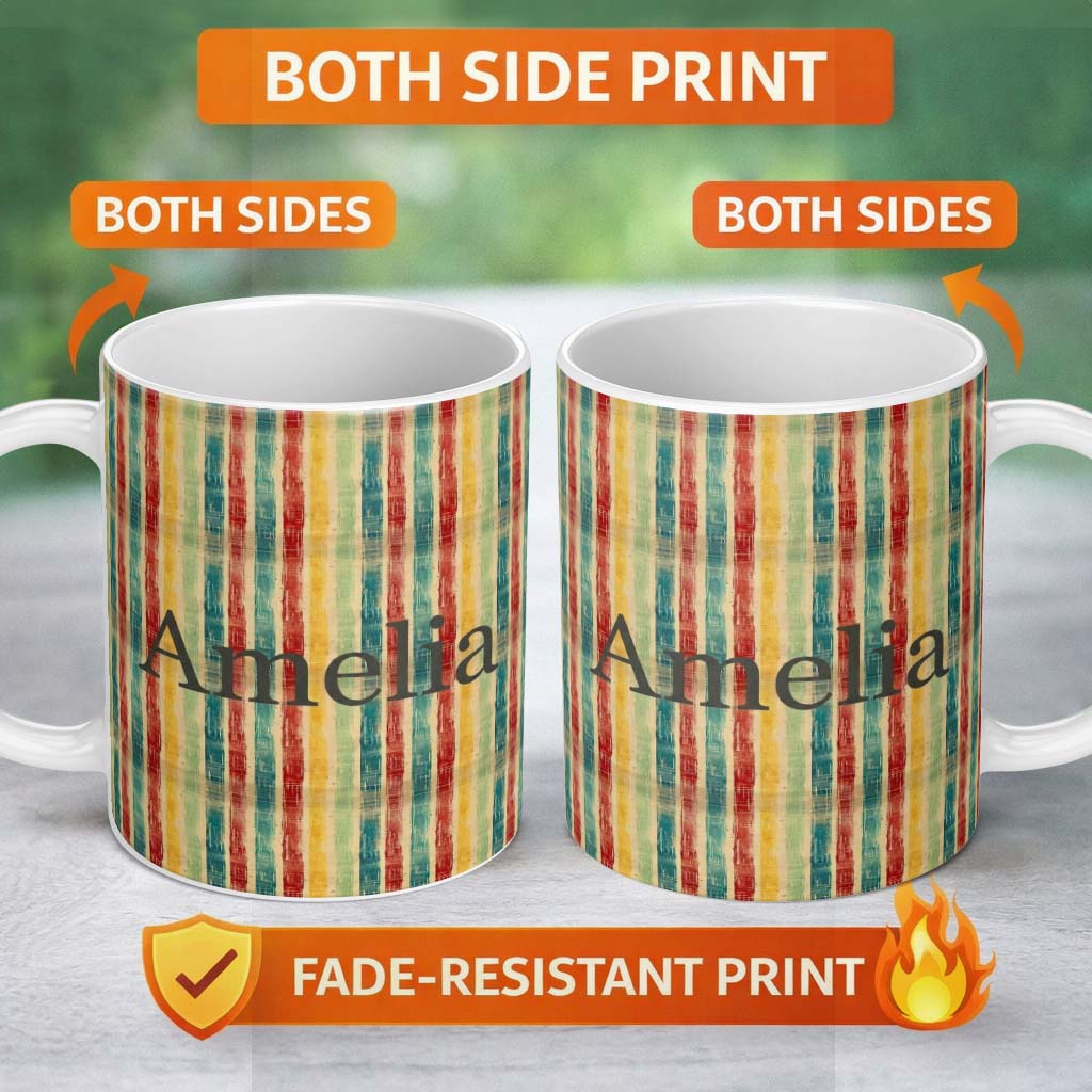 Personalized Custom Name Vintage Distressed Stripe Pattern in Red Yellow and Teal Seamless 11oz Ceramic Coffee Tea Mug White Large Handle