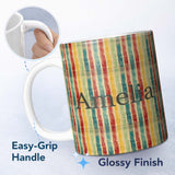 Personalized Custom Name Vintage Distressed Stripe Pattern in Red Yellow and Teal Seamless 11oz Ceramic Coffee Tea Mug White Large Handle
