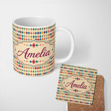 Personalized Custom Name Colorful Ikat Diamond Pattern on Beige Background Seamless Name Cute 11oz Ceramic Coffee Tea Mug White Large Handle