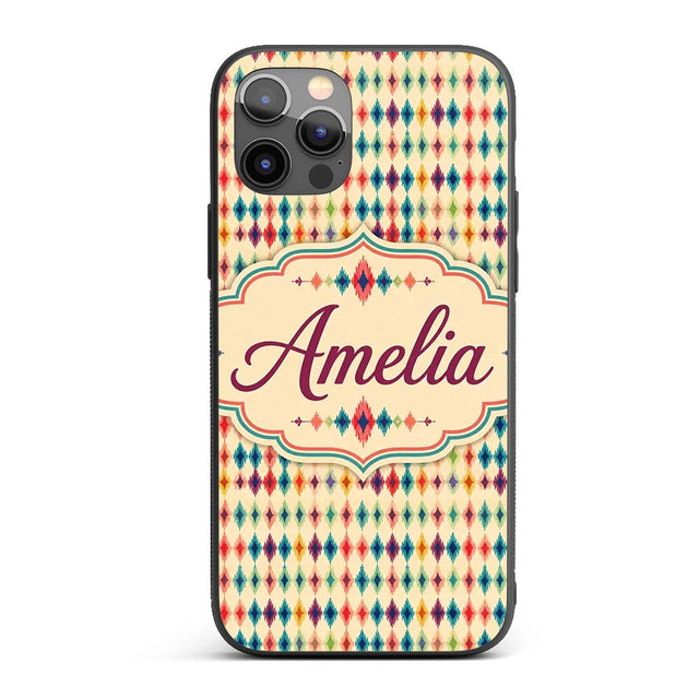 Colorful Ikat Diamond Pattern on Beige Background Custom Name Protective Phone Case Mobile Cover Durable Everyday Smartphone Shock Resistant