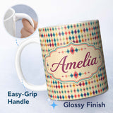Personalized Custom Name Colorful Ikat Diamond Pattern on Beige Background Seamless Name Cute 11oz Ceramic Coffee Tea Mug White Large Handle