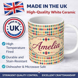 Personalized Custom Name Colorful Ikat Diamond Pattern on Beige Background Seamless Name Cute 11oz Ceramic Coffee Tea Mug White Large Handle