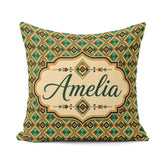 Custom Name Mid Century Geometric Diamond Green Orange and Beige Square Filled Cushion Throw Pillow Sofa Bed Home Decor Zip Washable UK Made