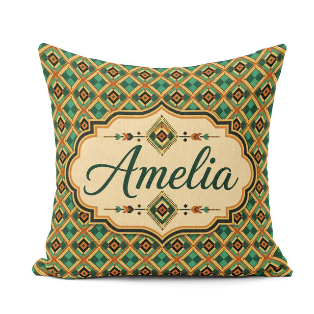 Custom Name Mid Century Geometric Diamond Green Orange and Beige Square Filled Cushion Throw Pillow Sofa Bed Home Decor Zip Washable UK Made