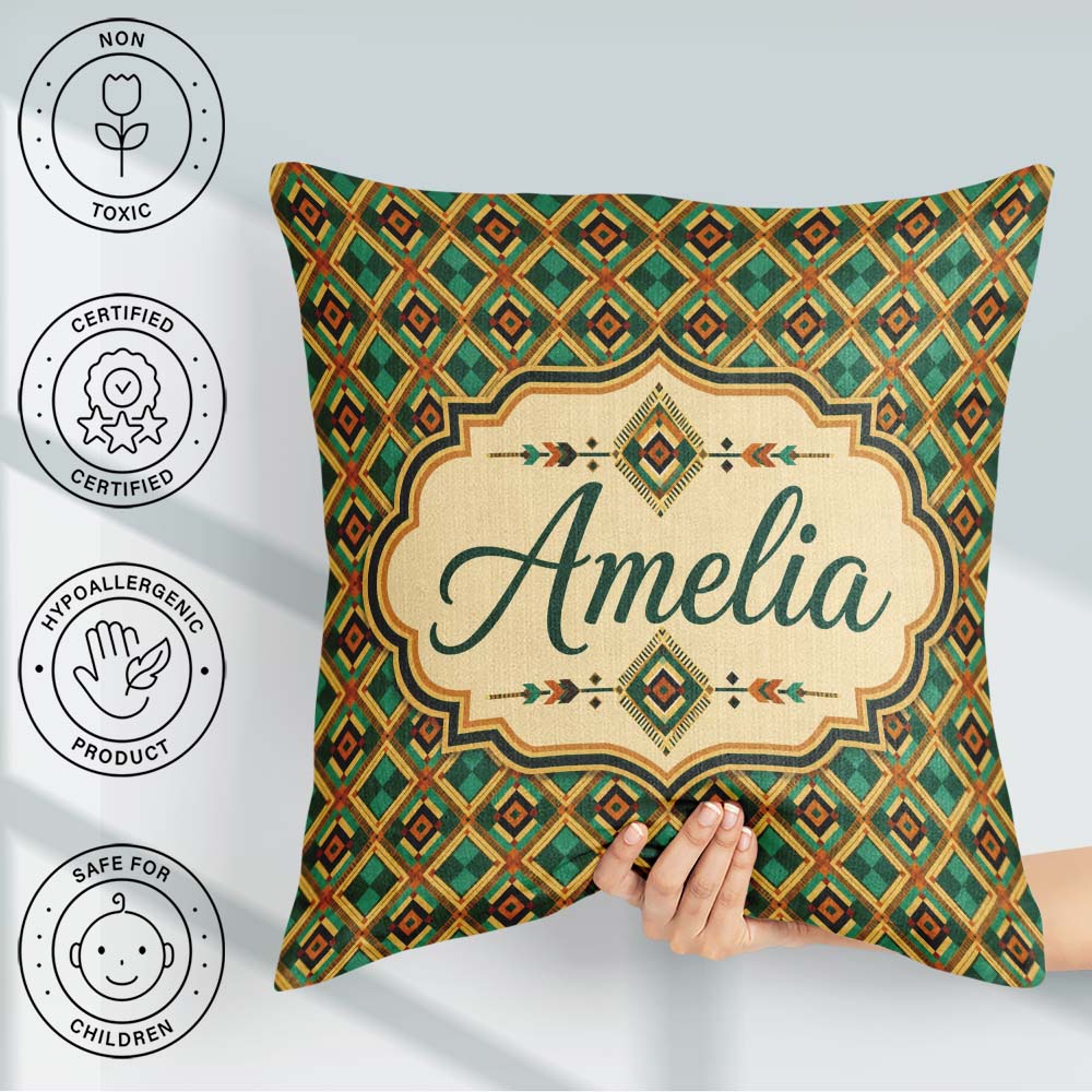 Custom Name Mid Century Geometric Diamond Green Orange and Beige Square Filled Cushion Throw Pillow Sofa Bed Home Decor Zip Washable UK Made
