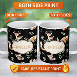 Personalized Custom Name Woodland Deer Bear Fox Owl Raccoon Leaves Mushrooms Black Seamless 11oz Ceramic Coffee Tea Mug White Large Handle