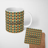 Personalized Custom Name Elegant Ornamental Leaf Pattern in Teal Orange and Cream Seamless 11oz Ceramic Coffee Tea Mug White Large Handle