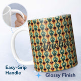 Personalized Custom Name Elegant Ornamental Leaf Pattern in Teal Orange and Cream Seamless 11oz Ceramic Coffee Tea Mug White Large Handle
