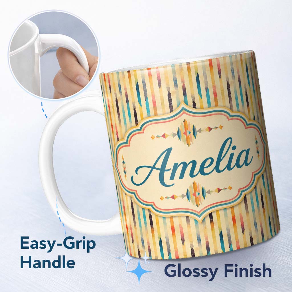 Personalized Custom Name Soft Abstract Stripe Pattern in Pastel Multicolor Seamless Name Cute 11oz Ceramic Coffee Tea Mug White Large Handle