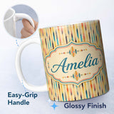 Personalized Custom Name Soft Abstract Stripe Pattern in Pastel Multicolor Seamless Name Cute 11oz Ceramic Coffee Tea Mug White Large Handle