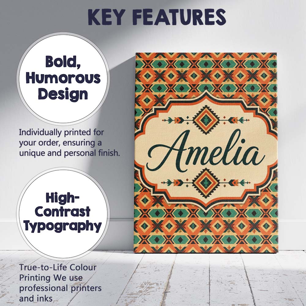 Personalised Name Bold Tribal Diamond Custom Modern Room Accent Creative Decorator Style Canvas Wall Art Print Decor Picture Ready to Hang