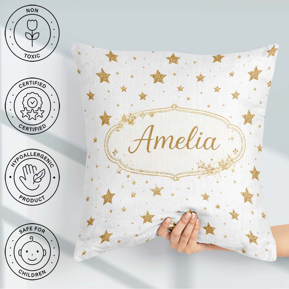 Custom Name Gold Glitter Stars on White Seamless Pattern Stylish Square Filled Cushion Throw Pillow Sofa Bed Home Decor Zip Washable UK Made