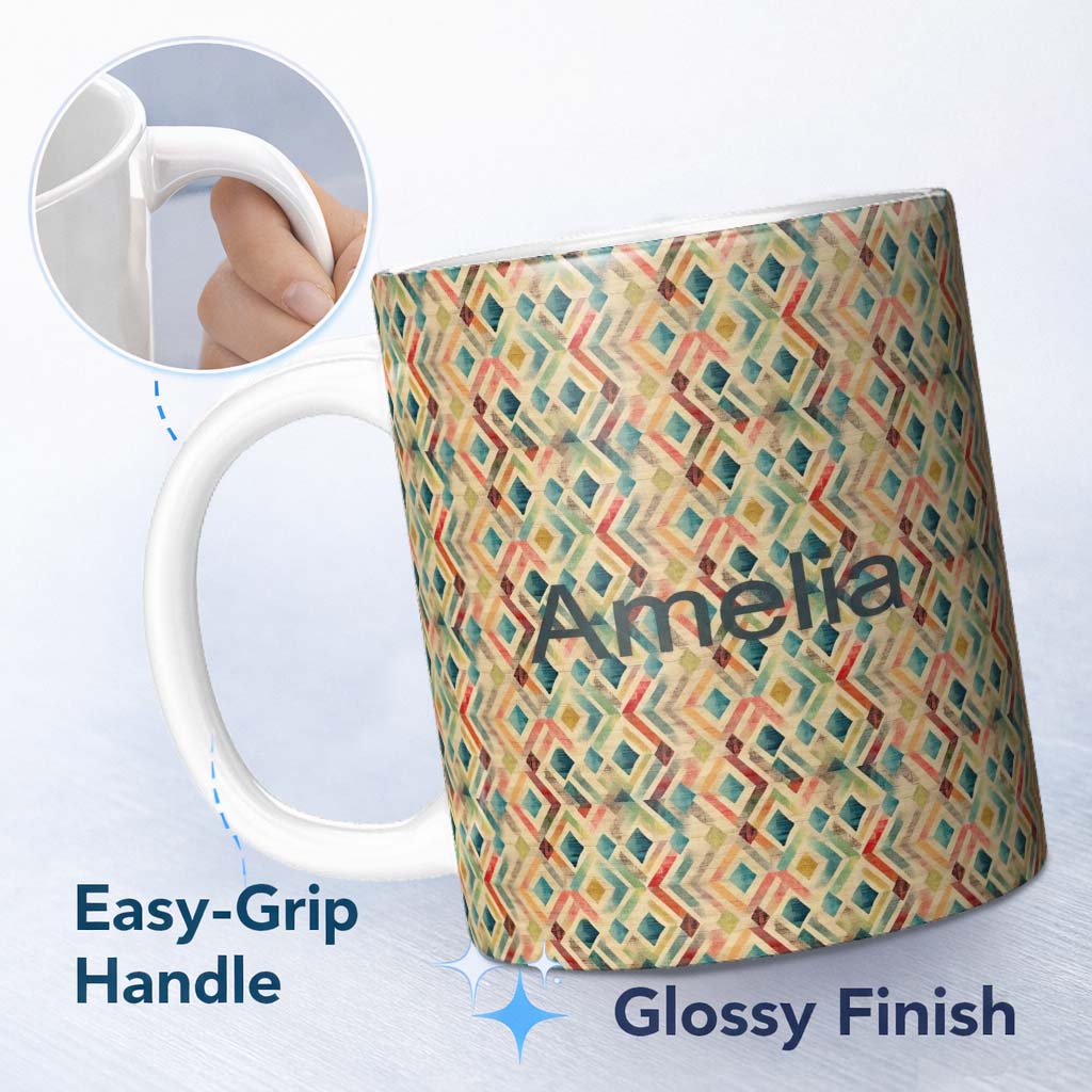 Personalized Custom Name Abstract Geometric Diamond Pattern in Soft Multicolor Tones 11oz Ceramic Coffee Tea Mug White Large Handle