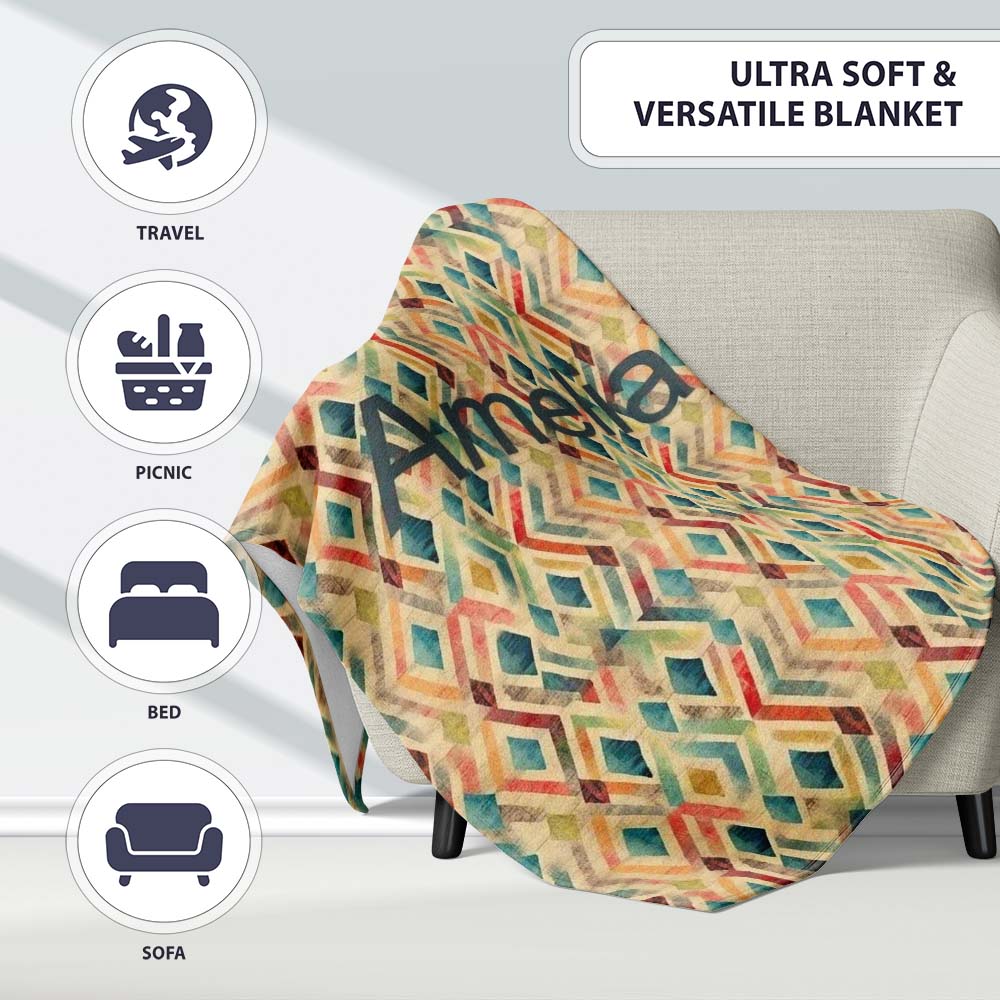 Abstract Geometric Diamond Pattern in Soft Multicolor Tones  Personalised Custom Name Super Soft Fleece Blanket Bed Sofa Throw