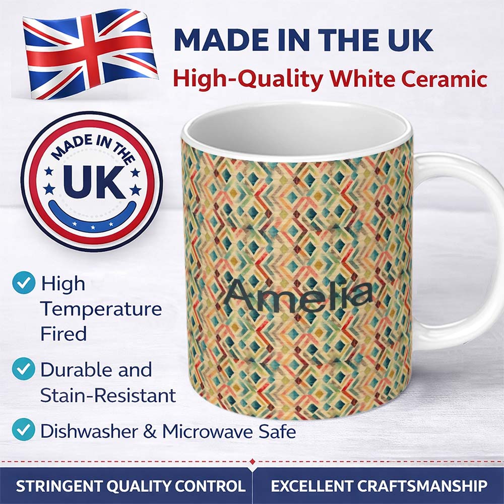 Personalized Custom Name Abstract Geometric Diamond Pattern in Soft Multicolor Tones 11oz Ceramic Coffee Tea Mug White Large Handle