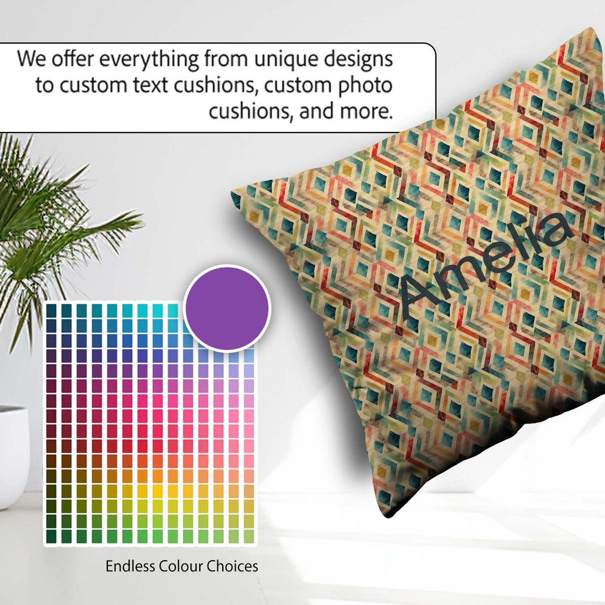 Custom Name Abstract Geometric Diamond in Soft Multicolor Tones Square Filled Cushion Throw Pillow Sofa Bed Home Decor Zip Washable UK Made