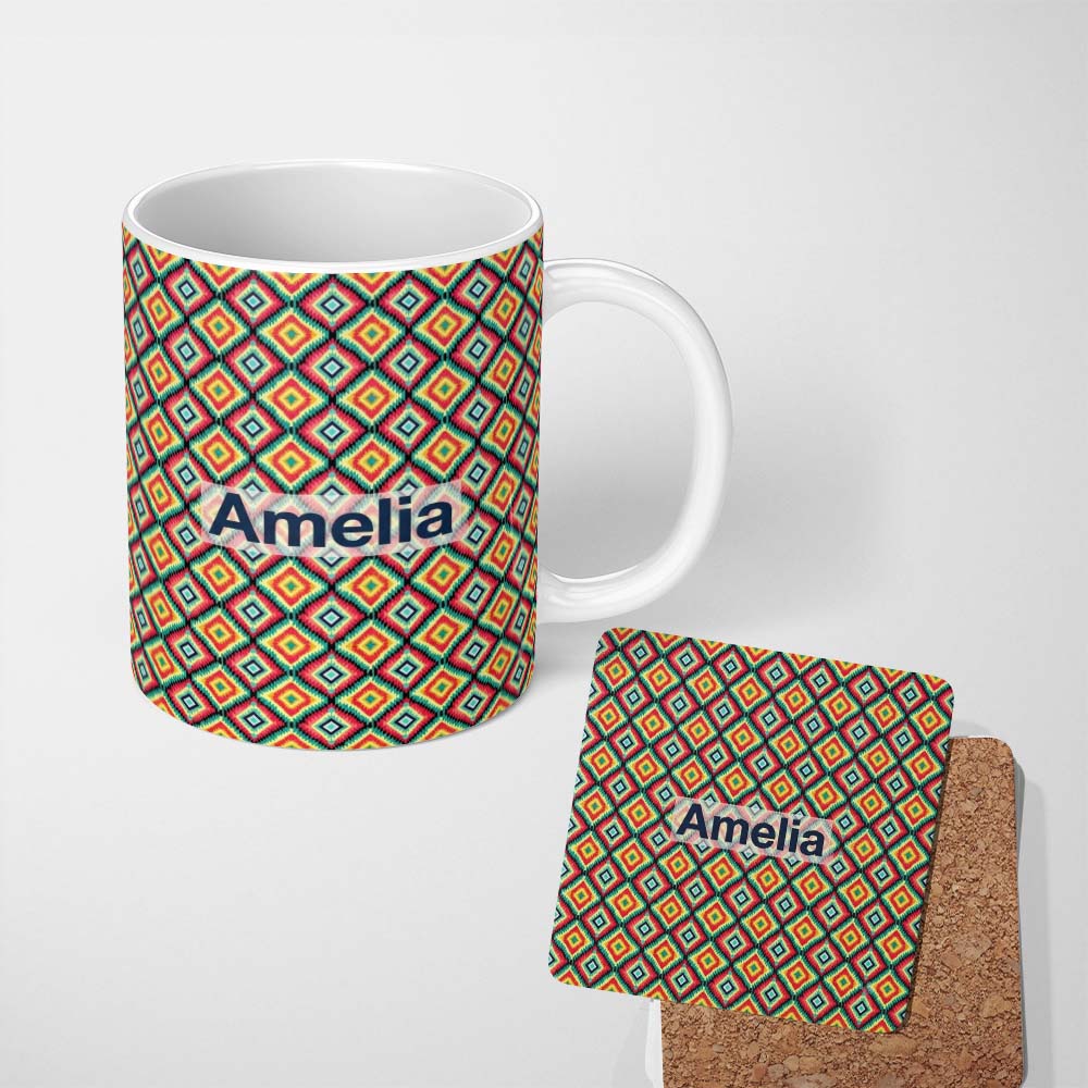 Personalized Custom Name Bold Tribal Diamond Pattern in Vibrant Red Yellow Teal Seamless 11oz Ceramic Coffee Tea Mug White Large Handle