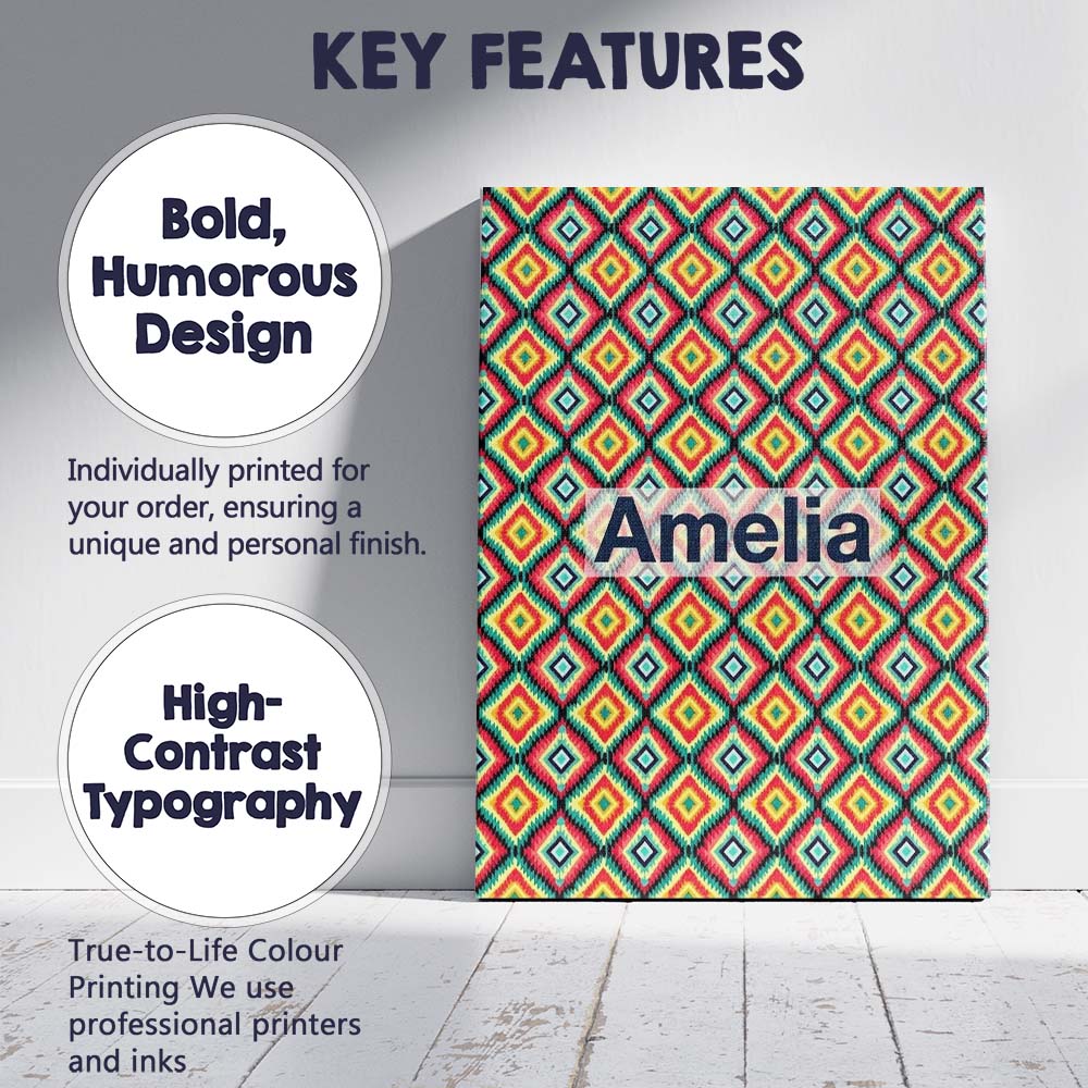 Personalised Name Bold Tribal Diamond Custom Modern Room Accent Creative Decorator Style Canvas Wall Art Print Decor Picture Ready to Hang