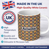 Personalized Custom Name Bold Tribal Diamond Pattern in Vibrant Red Yellow Teal Seamless 11oz Ceramic Coffee Tea Mug White Large Handle