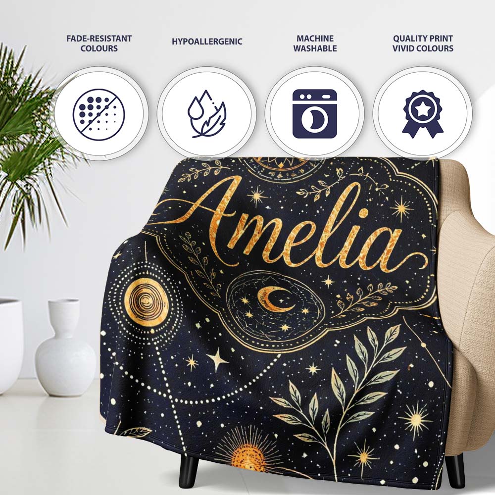 Celestial Zodiac Constellation Botanical Night Seamless Pattern  Personalised Custom Name Super Soft Fleece Blanket Bed Sofa Throw