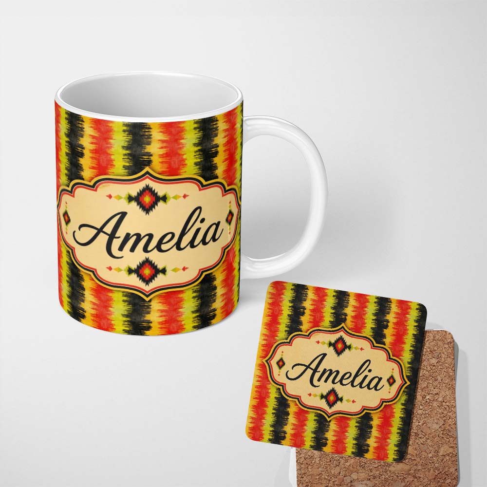 Personalized Custom Name Rough Brush Stripe Pattern in Red Yellow and Black Seamless Name 11oz Ceramic Coffee Tea Mug White Large Handle