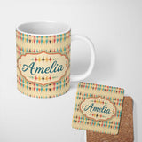 Personalized Custom Name Soft Ikat Stripe Pattern in Multicolor on Beige Seamless Name Cute 11oz Ceramic Coffee Tea Mug White Large Handle