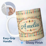 Personalized Custom Name Soft Ikat Stripe Pattern in Multicolor on Beige Seamless Name Cute 11oz Ceramic Coffee Tea Mug White Large Handle