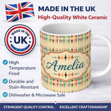 Personalized Custom Name Soft Ikat Stripe Pattern in Multicolor on Beige Seamless Name Cute 11oz Ceramic Coffee Tea Mug White Large Handle