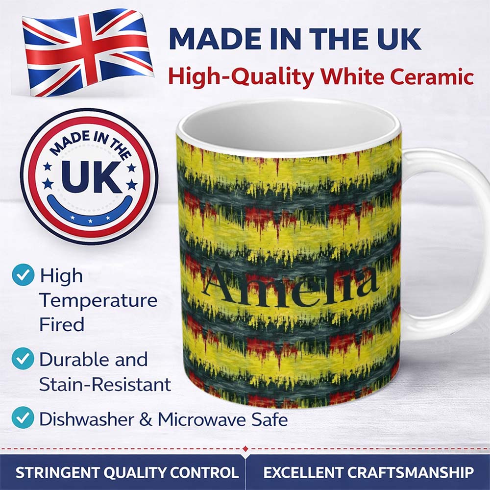 Personalized Custom Name Grunge Paint Stroke Pattern in Yellow Red and Black Seamless Name 11oz Ceramic Coffee Tea Mug White Large Handle