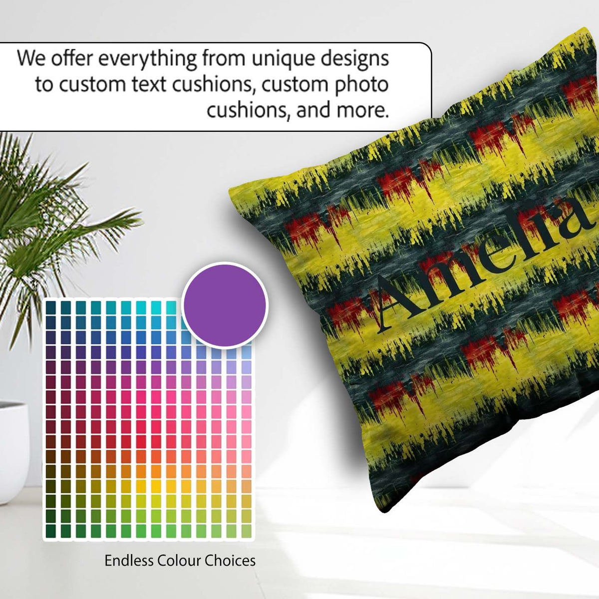 Custom Name Grunge Paint Stroke in Yellow Red and Black Seamless Square Filled Cushion Throw Pillow Sofa Bed Home Decor Zip Washable UK Made