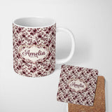 Personalized Custom Name Elegant Burgundy Floral Pattern on Light Background Seamless Name 11oz Ceramic Coffee Tea Mug White Large Handle