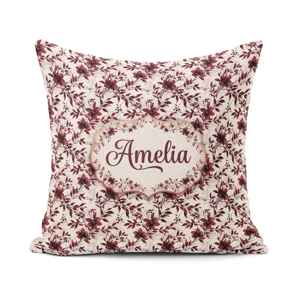 Custom Name Elegant Burgundy Floral on Light Background Seamless Square Filled Cushion Throw Pillow Sofa Bed Home Decor Zip Washable UK Made
