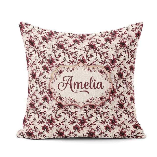 Custom Name Elegant Burgundy Floral on Light Background Seamless Square Filled Cushion Throw Pillow Sofa Bed Home Decor Zip Washable UK Made
